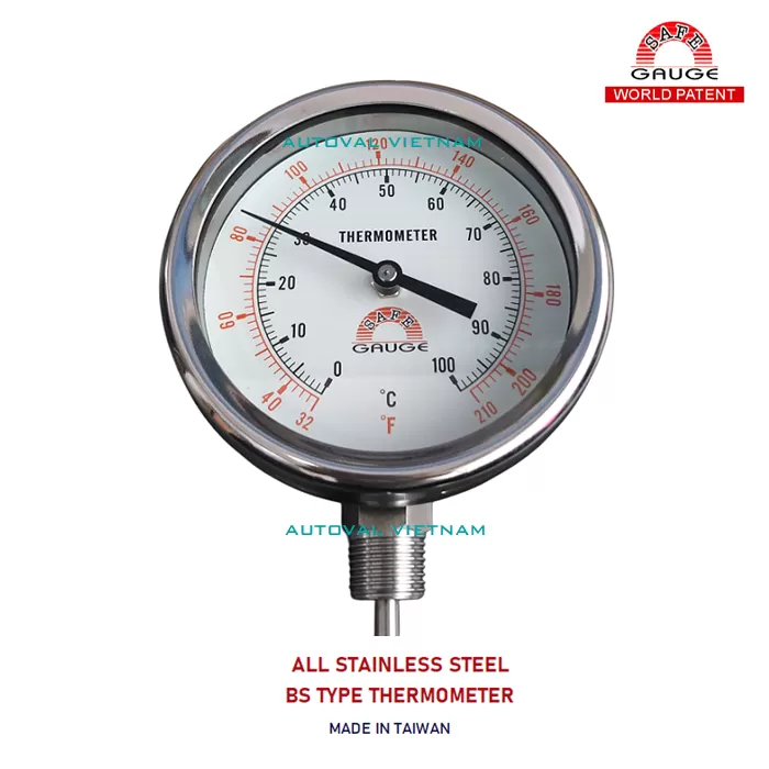 Nhà sản xuất: Hwa Chih Technology (Safe Gauge/ Đài Loan) | Hàng nhập đủ chứng chỉ C/O & Test Report & Tem kiểm định cho dự án - Đồng hồ nhiệt độ chân đứng Safe Gauge BS - Đồng hồ nhiệt độ inox chân đứng BS- Thương hiệu uy tín đồng hồ nhiệt độ Đài Loan